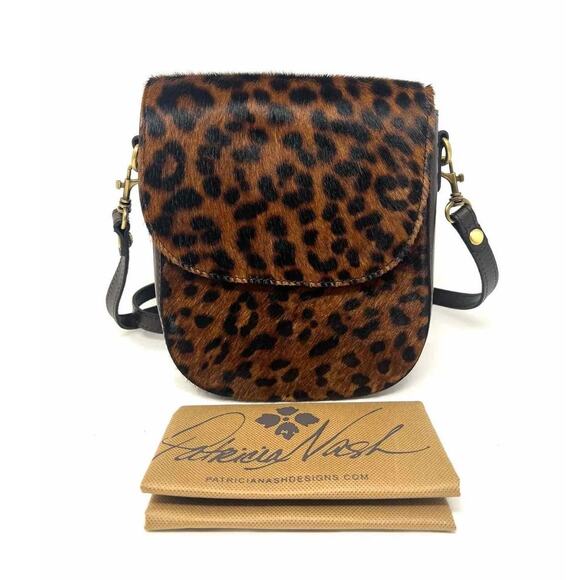 Patricia Nash Leopard Animal Print Calf Half Brown Leather Crossbody Saddle Bag - Picture 11 of 14